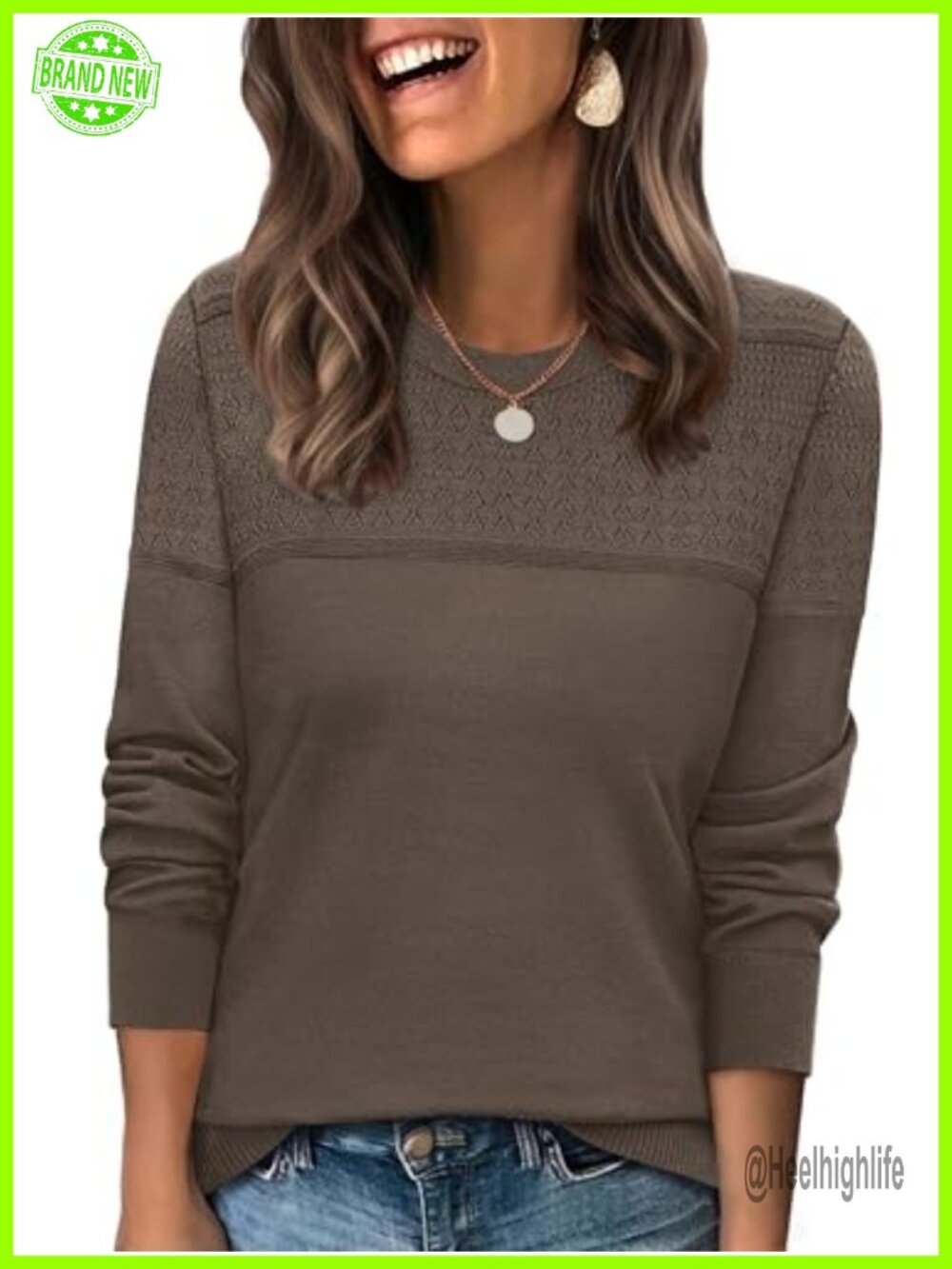 Women Cable Knit Crochet Front Crewneck Pullover Sweater